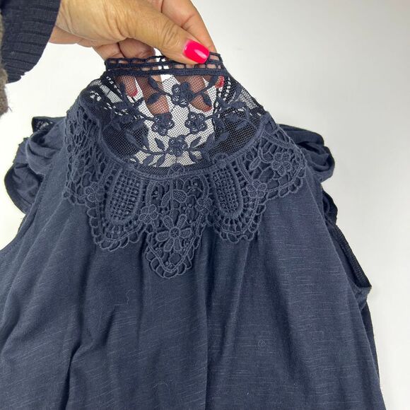 KENAR Black Cotton Blend Cap Sleeve Embroidered Lace Neck Shift Top Size Medium - Picture 6 of 12